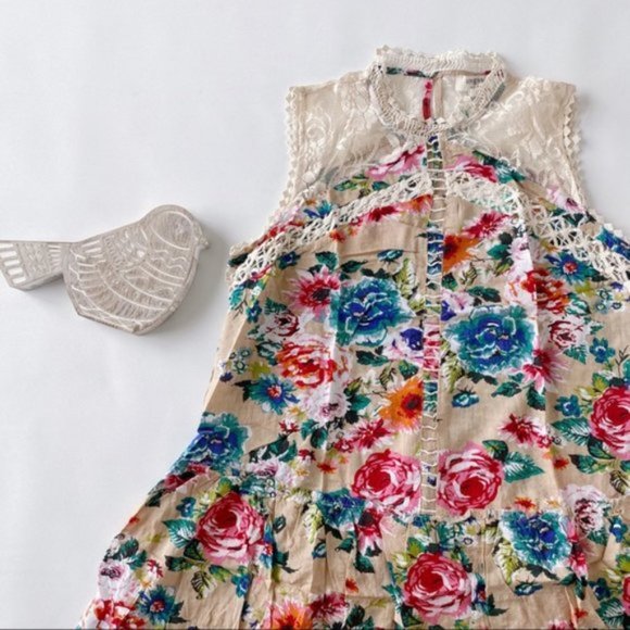 Umgee | Sleeveless Floral Print High Neck Dress Crochet Yoke Ruffle Hem Brunch - Picture 4 of 15
